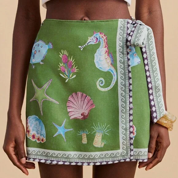 Green Boho Women's Marine Life Print Casual Skirt - Picture 3 of 6